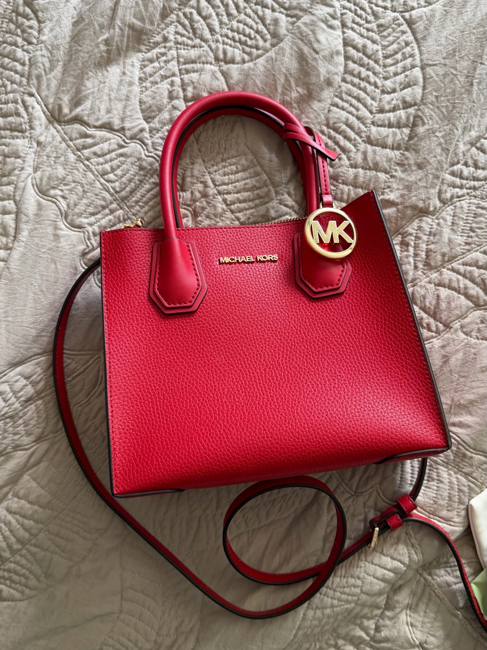 Michael Kors Red Pebbled Leather Satchel with Gold MK Charm